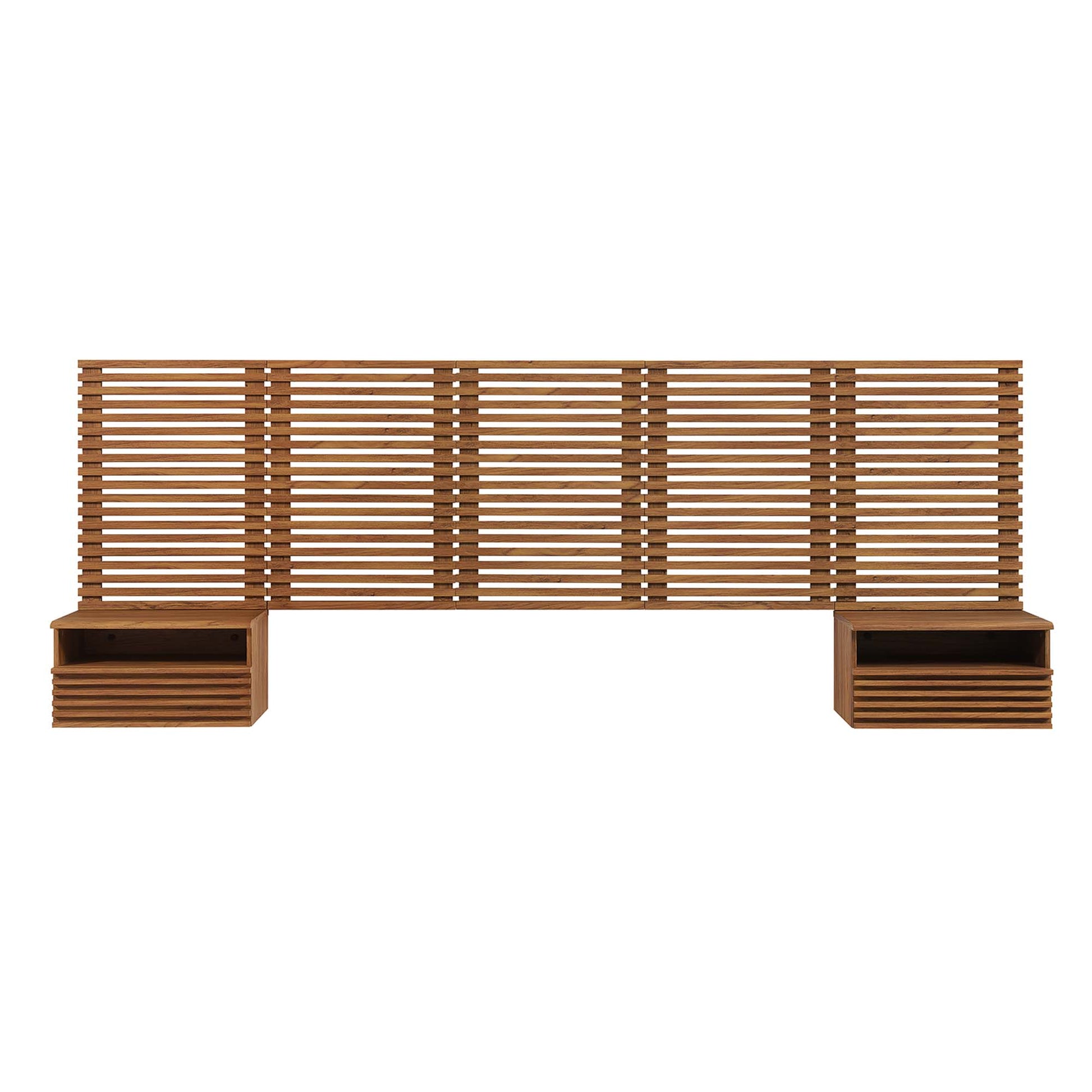 Walnut wood wall-mounted queen headboard with matching modern nightstands.