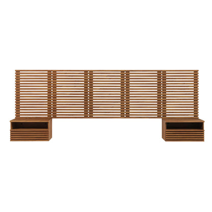 Walnut wood wall-mounted queen headboard with matching modern nightstands.