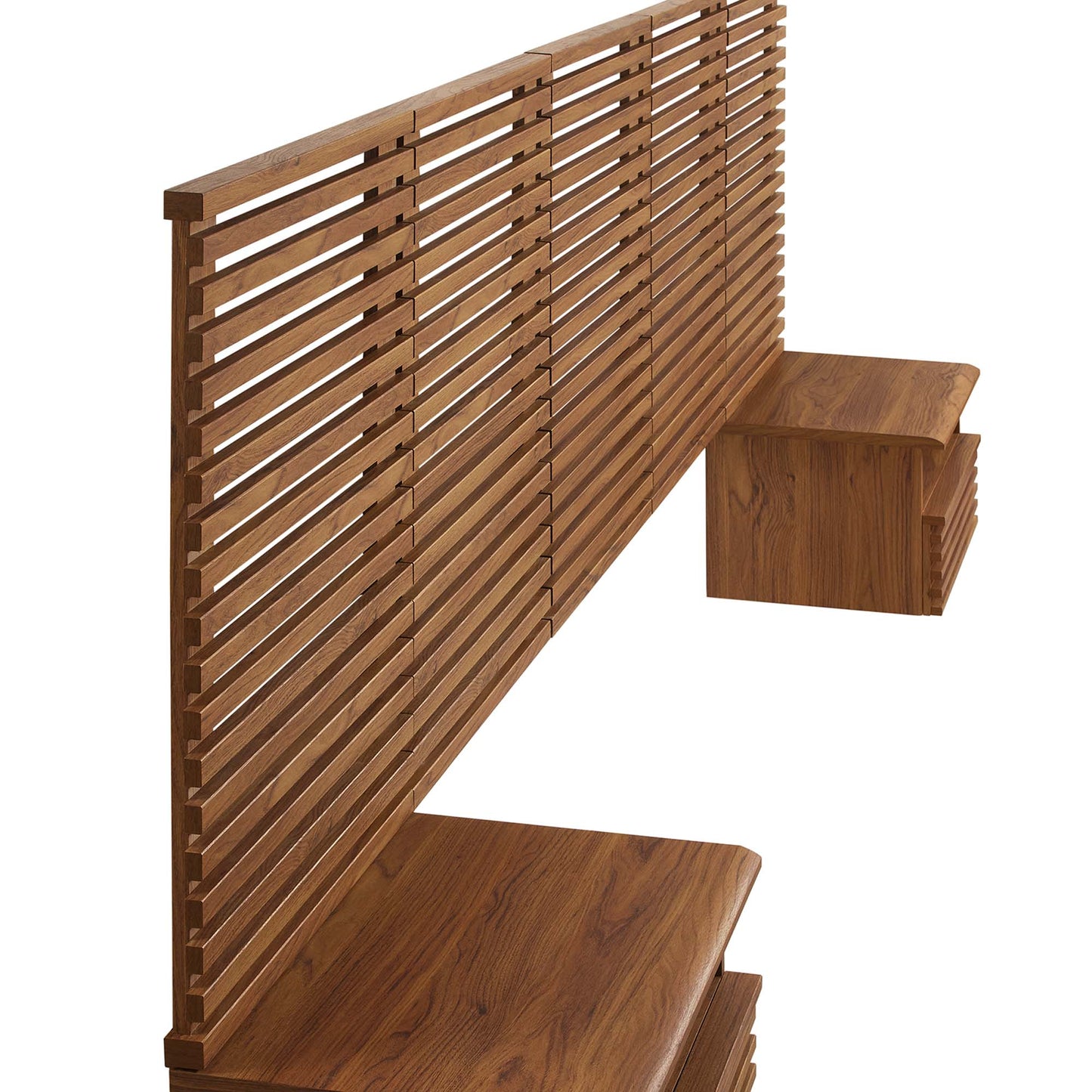 Brown wall-mount queen headboard with matching modern nightstands.