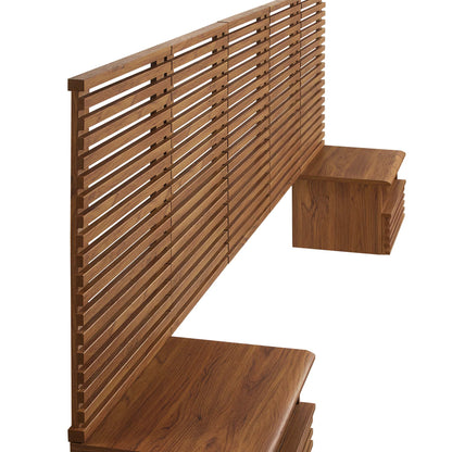 Brown wall-mount queen headboard with matching modern nightstands.