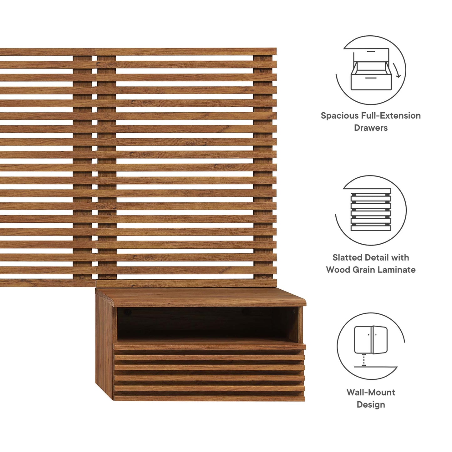 Walnut slatted wall-mounted queen headboard with two modern nightstands.