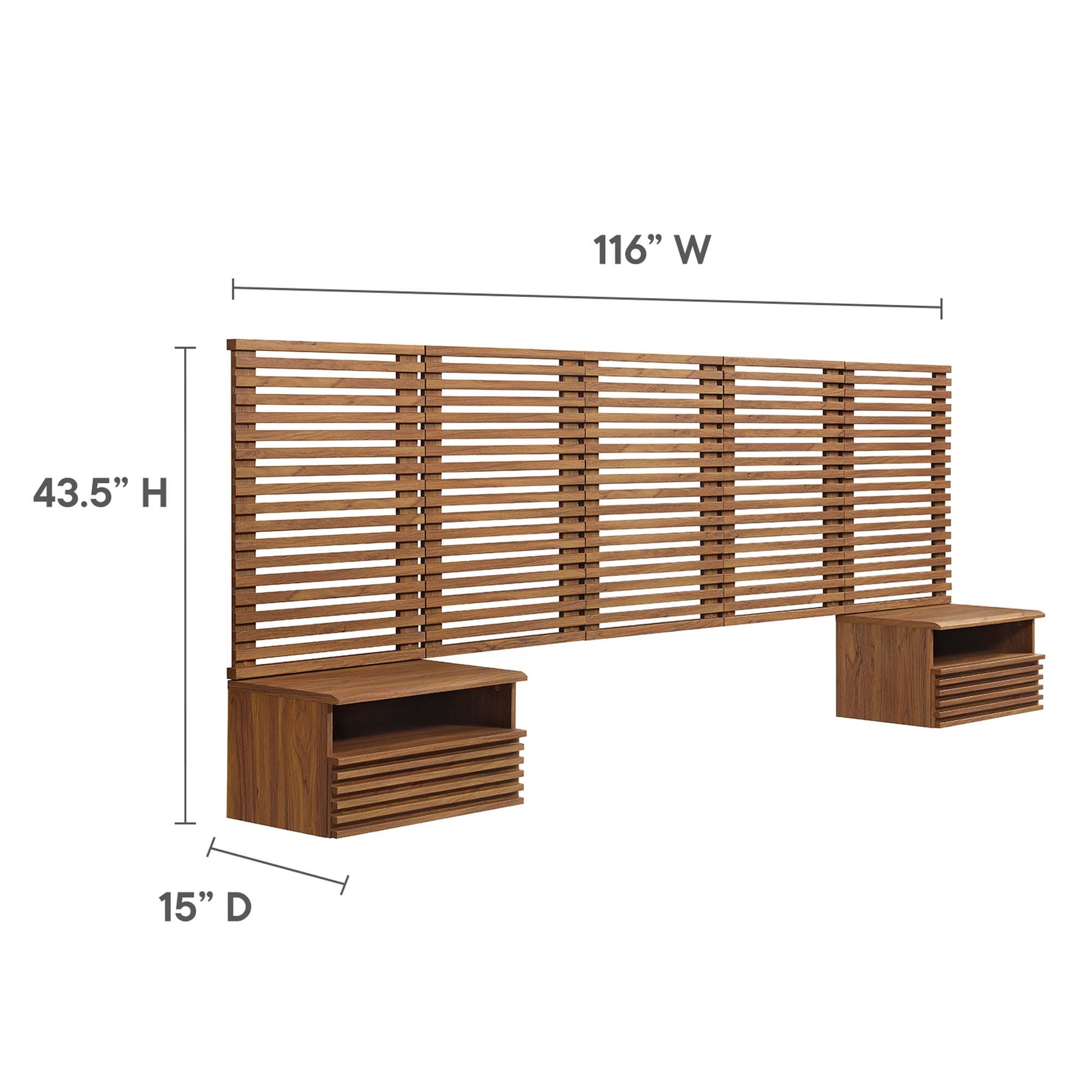 Brown finish slatted queen headboard with built-in open-shelf nightstands; wall-mounted, modern modular design, 116" wide.