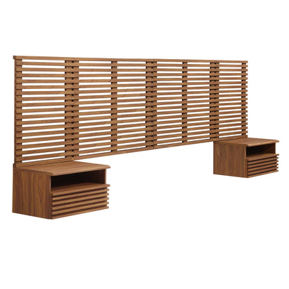 Walnut-finish wall-mounted king headboard with two matching modern nightstands on either side.