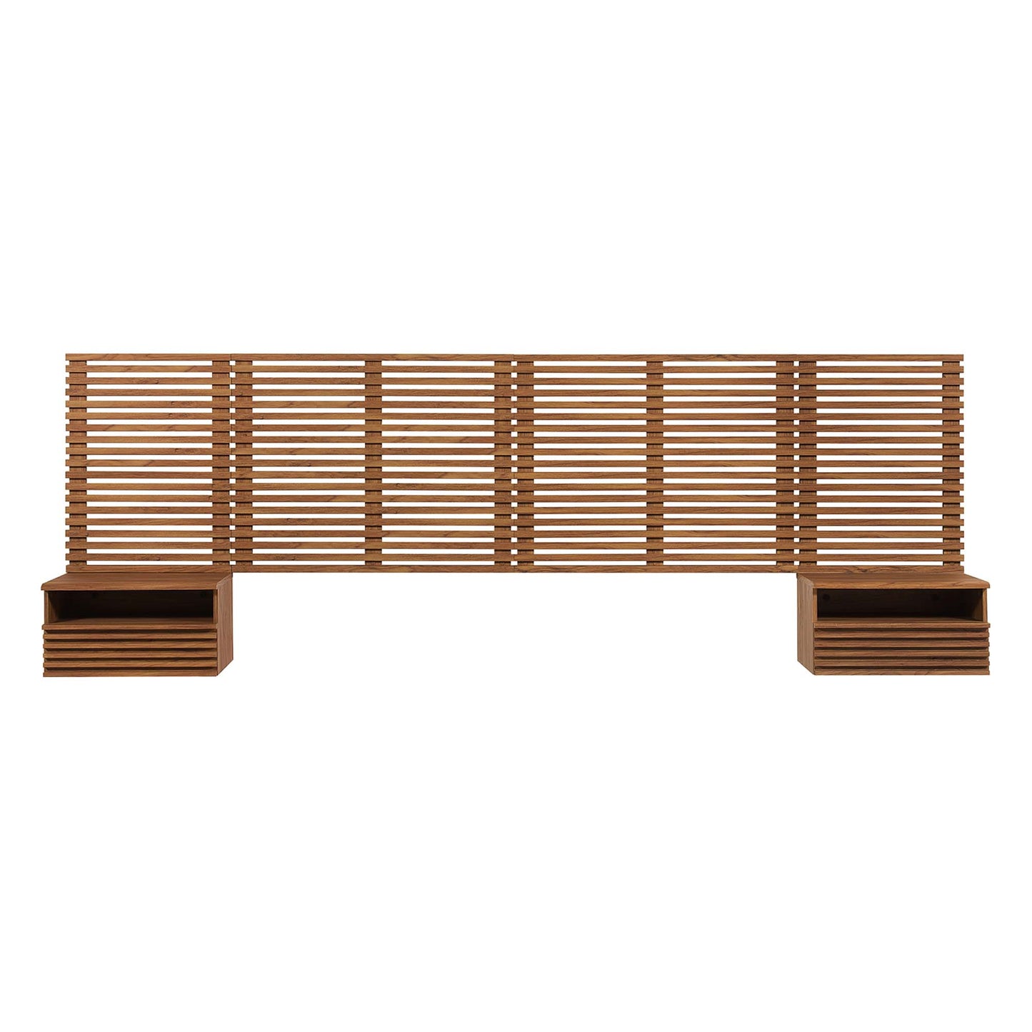 Brown walnut wood wall-mounted king headboard with two modern nightstands