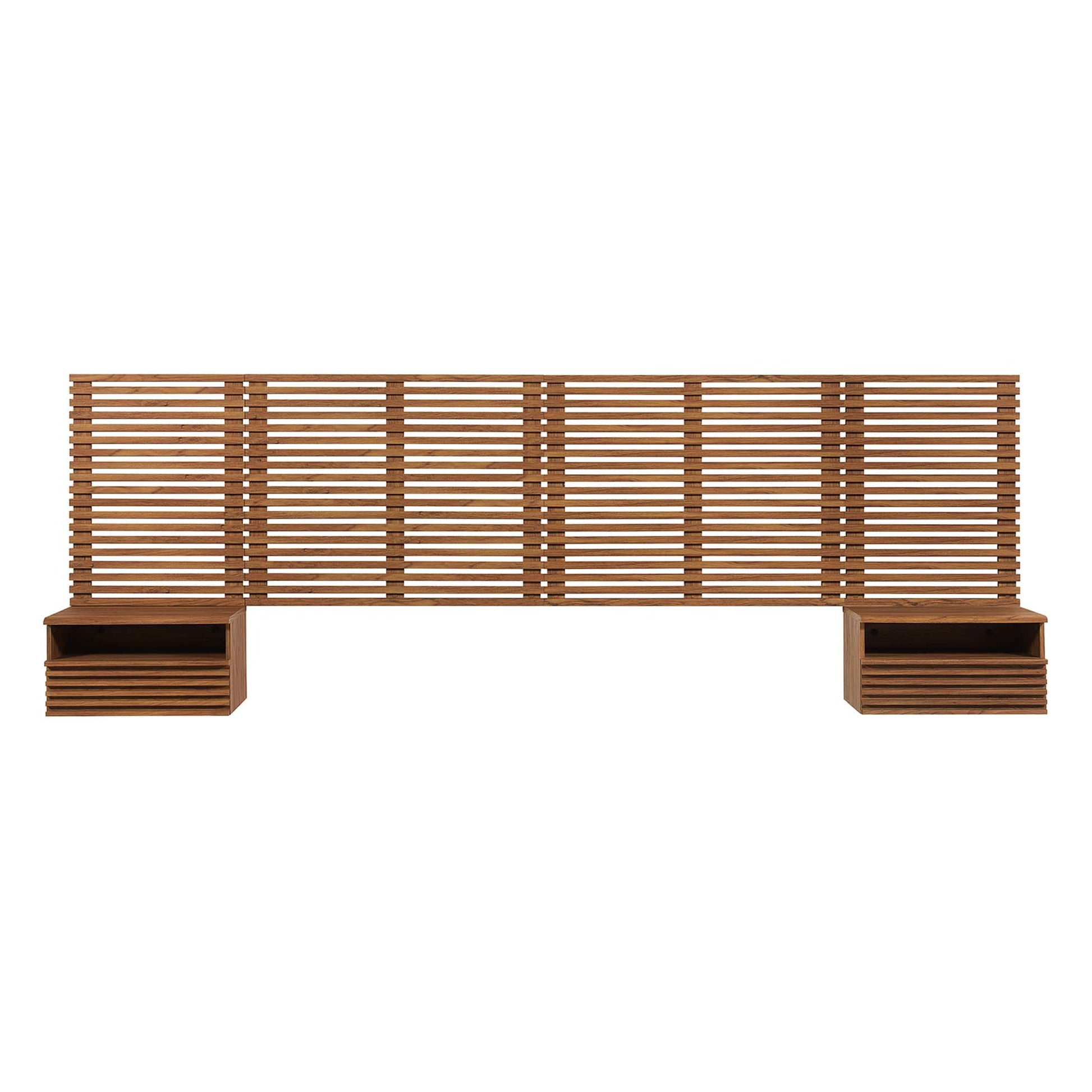 Brown walnut wood wall-mounted king headboard with two modern nightstands