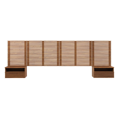 Brown walnut wood wall-mounted king headboard with two modern nightstands