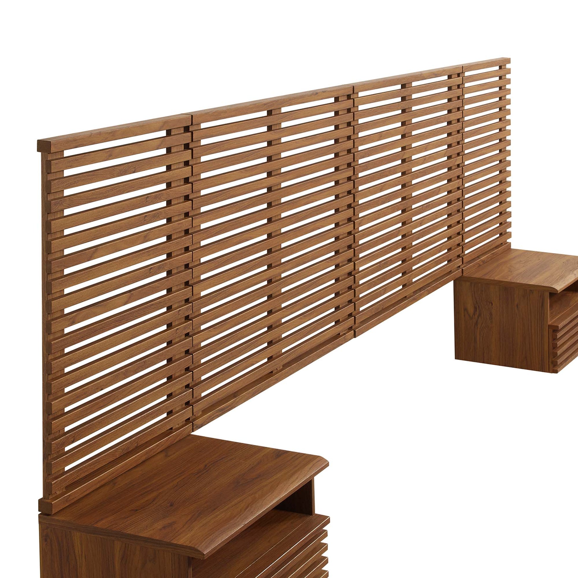 Walnut-finish wall-mounted king headboard with matching modern nightstands.