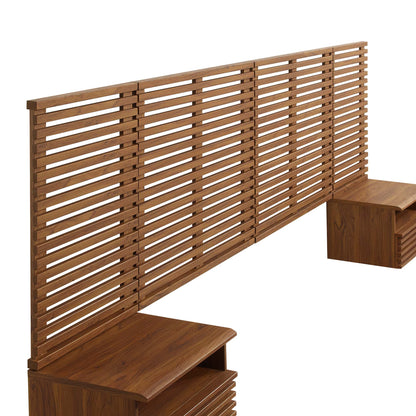 Walnut-finish wall-mounted king headboard with matching modern nightstands.