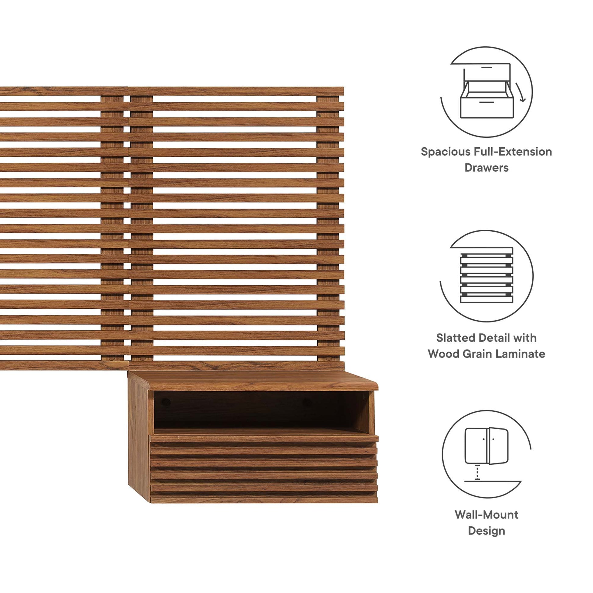 Walnut wood wall-mount king headboard with slatted panel & matching modern nightstands