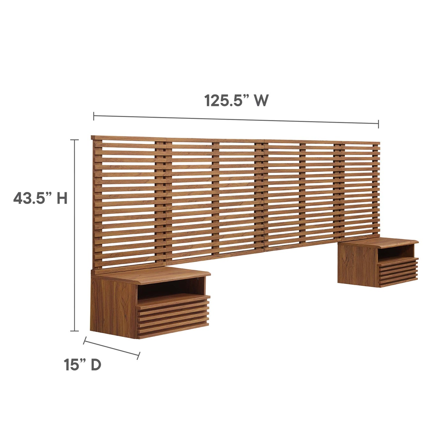 Walnut-finish slatted headboard with built-in end tables; 125.5W x 43.5H x 15D, contemporary wood design.