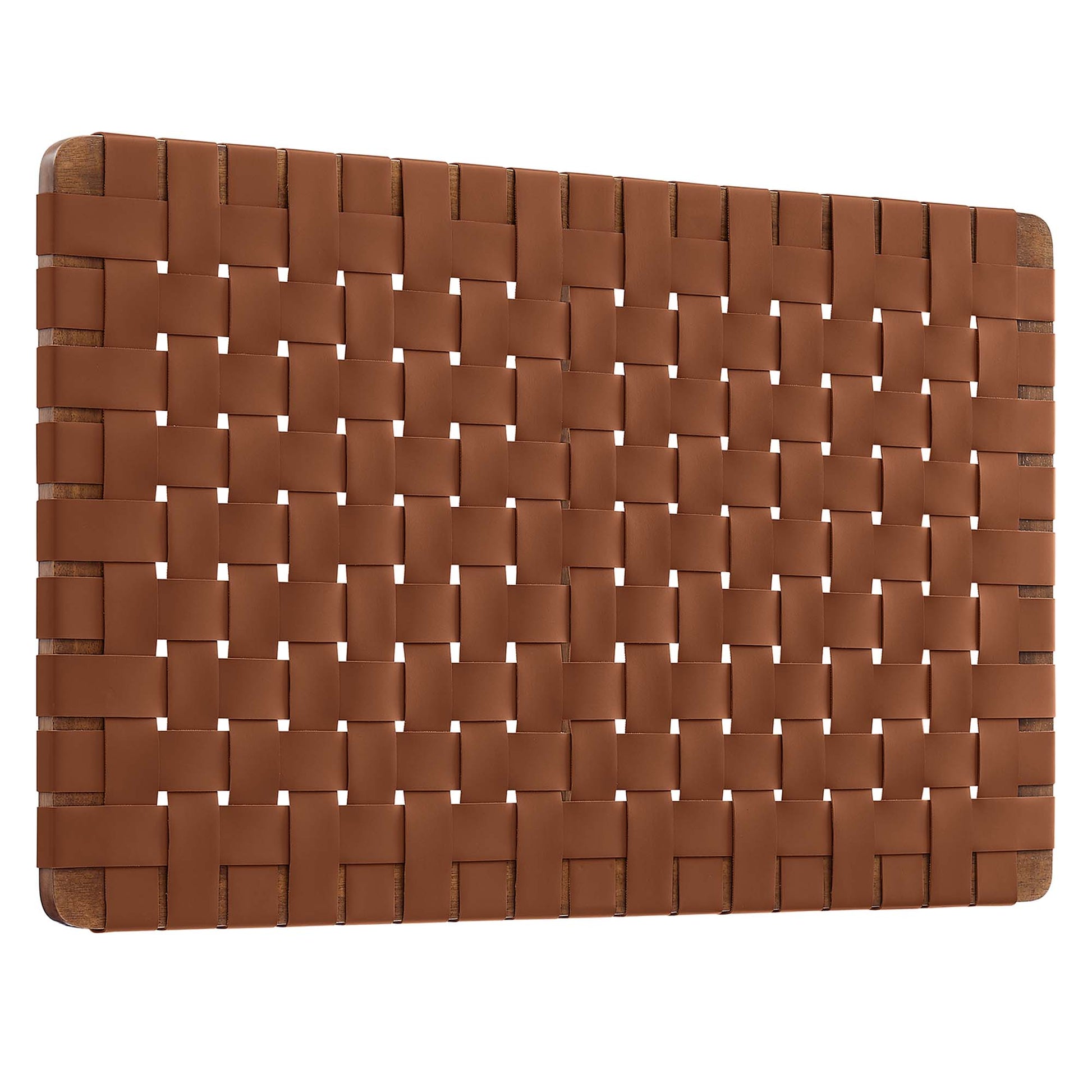 Walnut-brown woven vegan leather headboard with a basket-weave pattern, wall-mounted twin bed headboard.