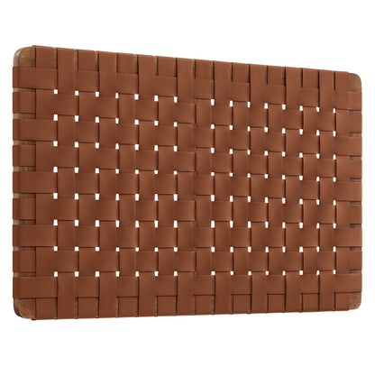 Walnut-brown woven vegan leather headboard with a basket-weave pattern, wall-mounted twin bed headboard.