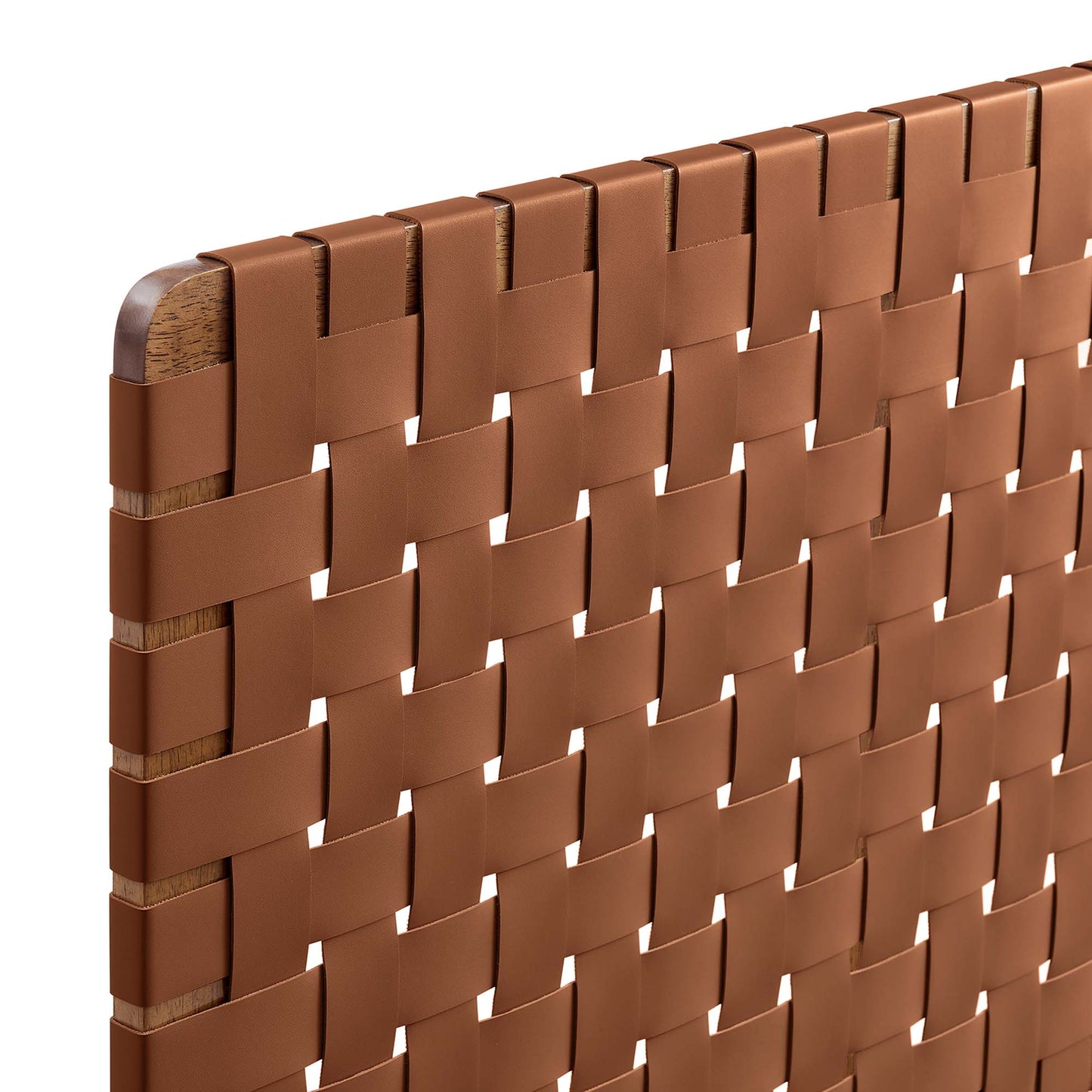 Walnut brown vegan leather headboard with woven texture over wood slats; wall-mounted decorative panel.