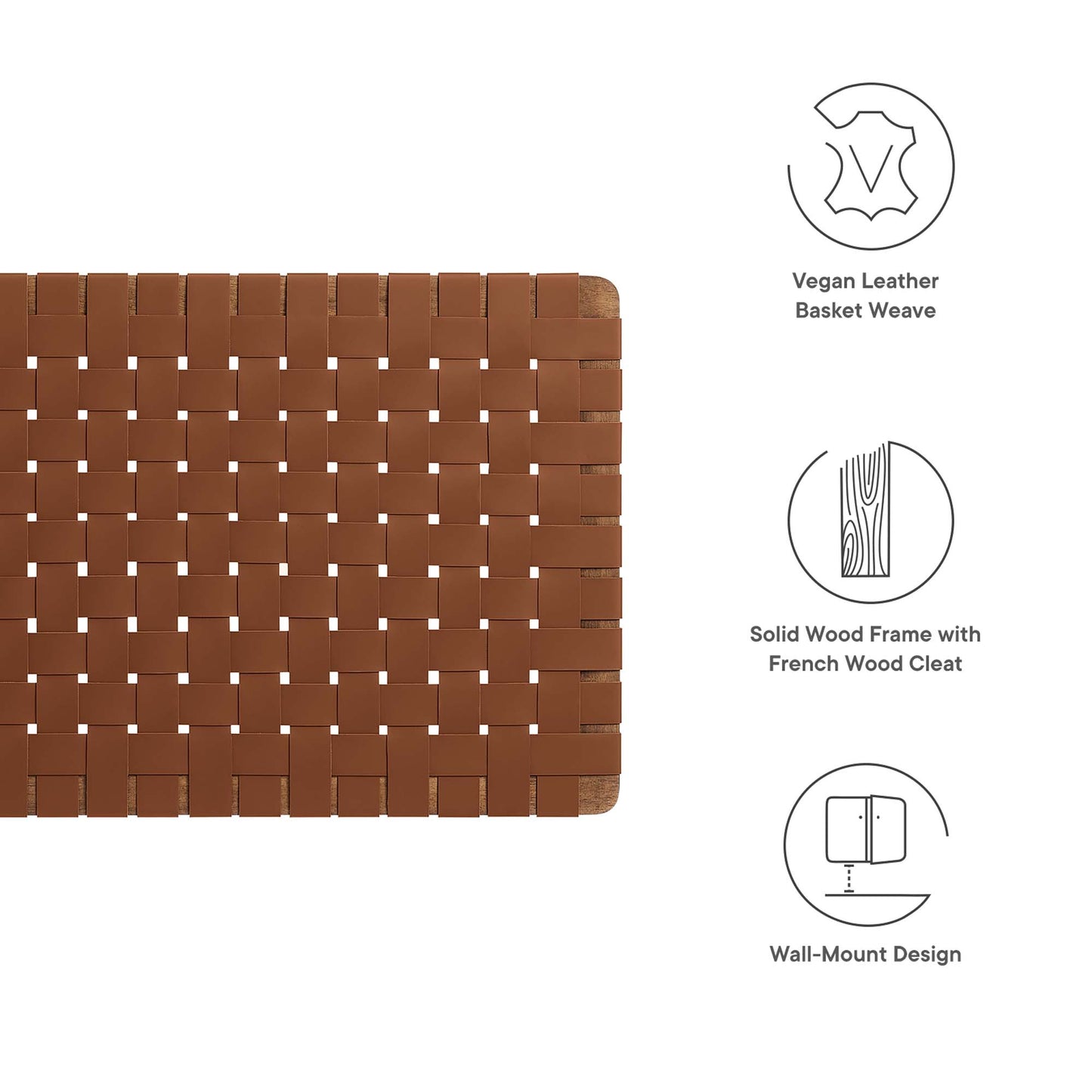 Rectangular brown vegan-leather basket-weave twin headboard with a solid wood frame for wall-mount installation