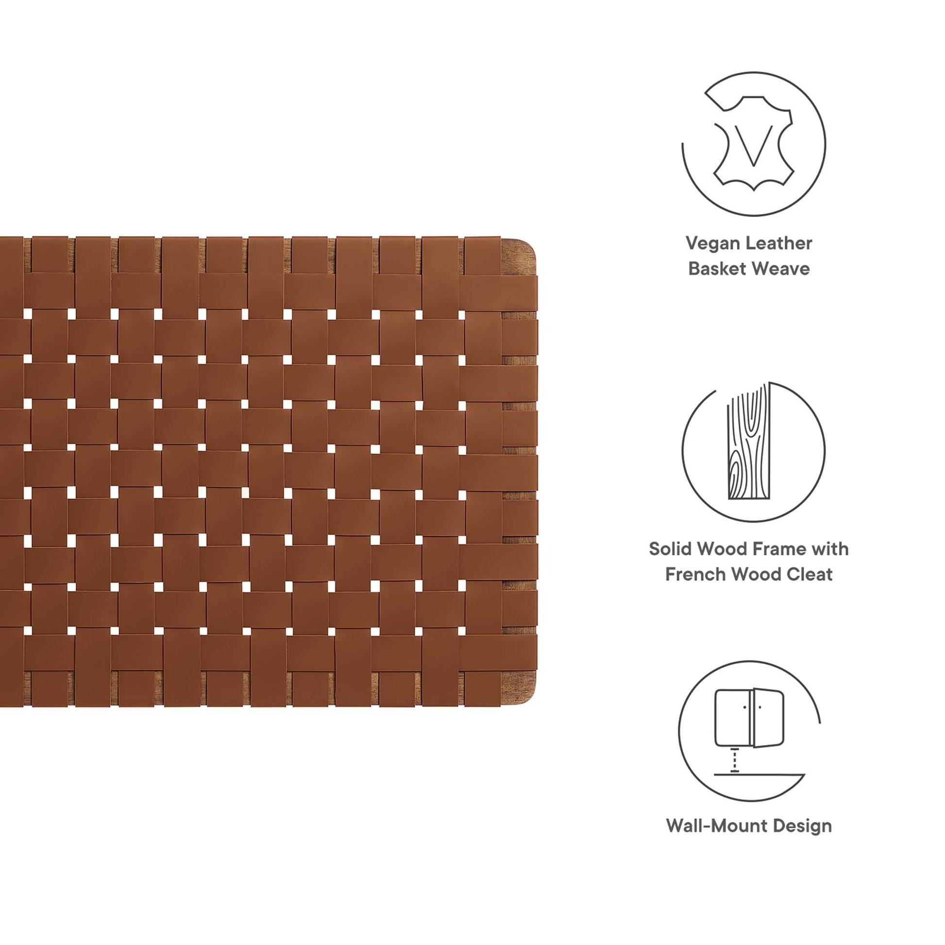 Rectangular brown vegan-leather basket-weave twin headboard with a solid wood frame for wall-mount installation
