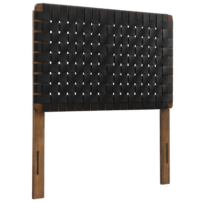 Twin black vegan leather headboard with a woven grid pattern.