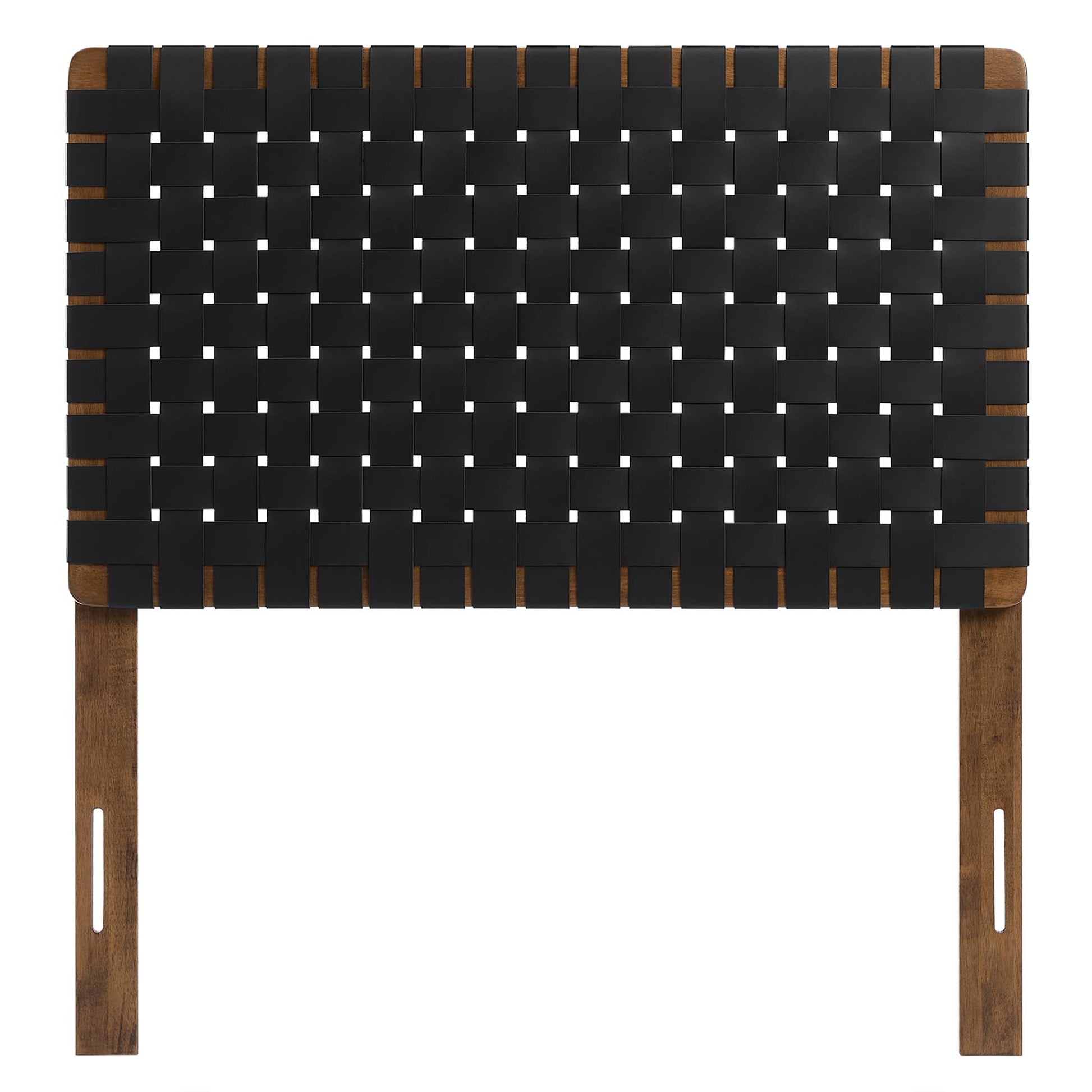 Walnut wood frame with a black woven strap panel; rectangular twin headboard in an industrial-rustic style.