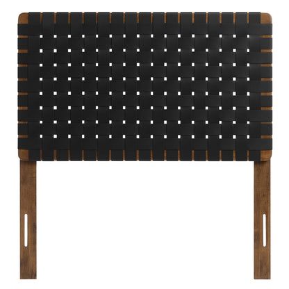 Walnut wood frame with a black woven strap panel; rectangular twin headboard in an industrial-rustic style.