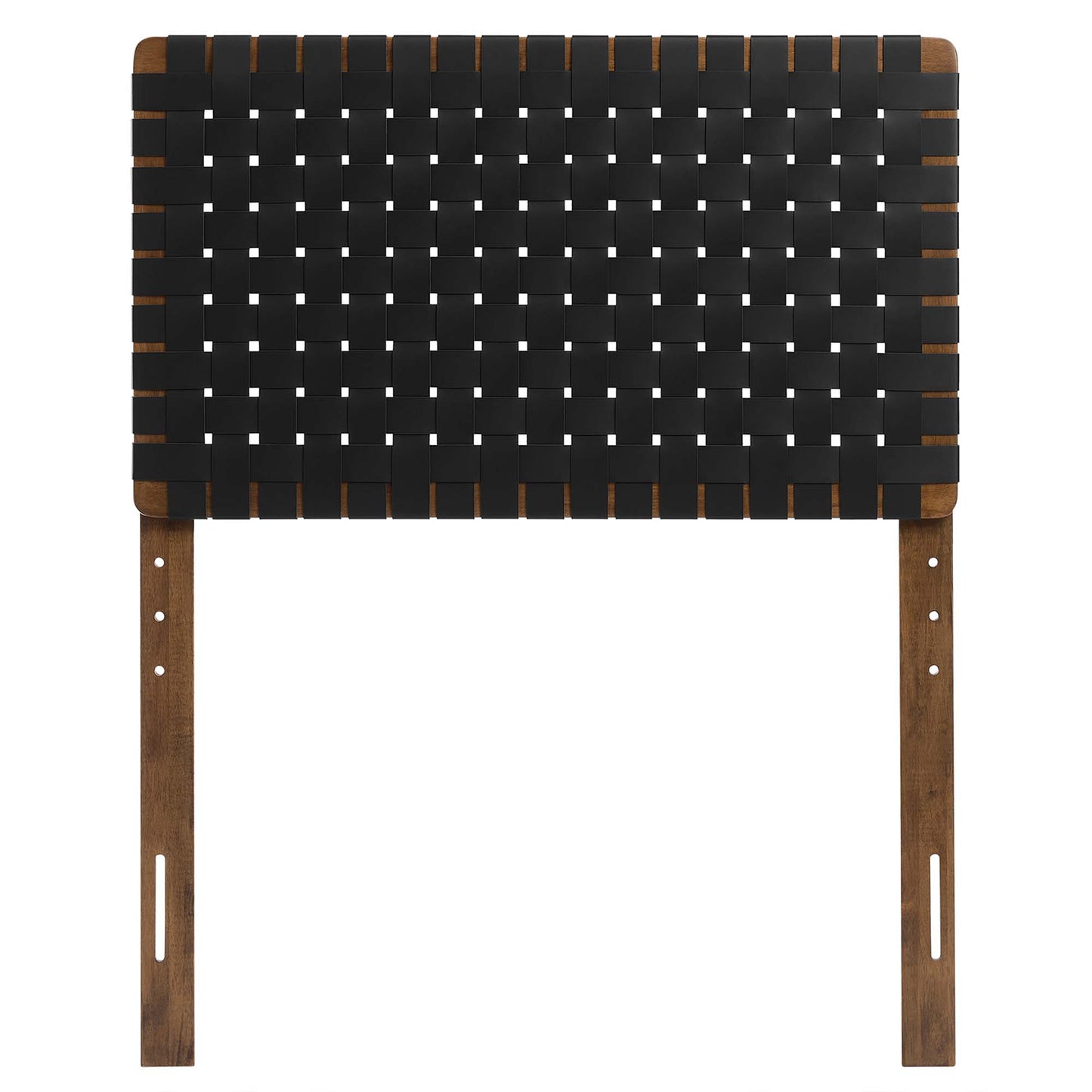 Walnut wood-framed twin headboard with a black woven vegan-leather panel.