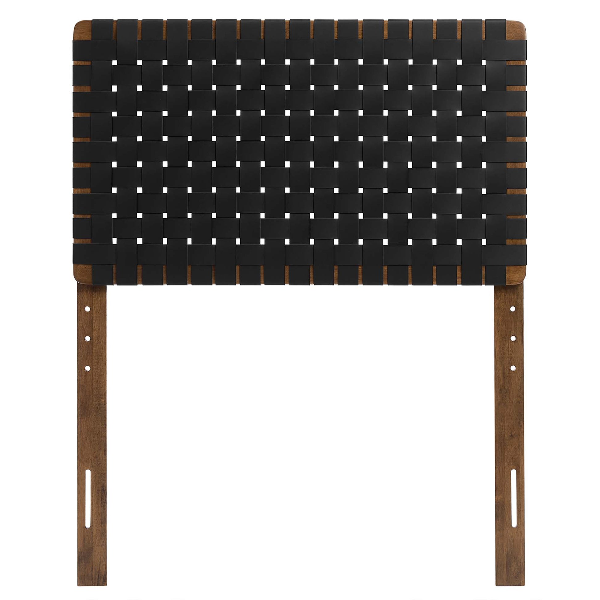 Walnut wood-framed twin headboard with a black woven vegan-leather panel.
