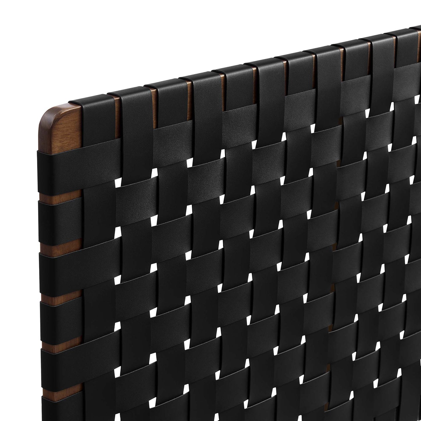 Walnut wood-framed headboard with black woven vegan leather grid pattern, close-up.