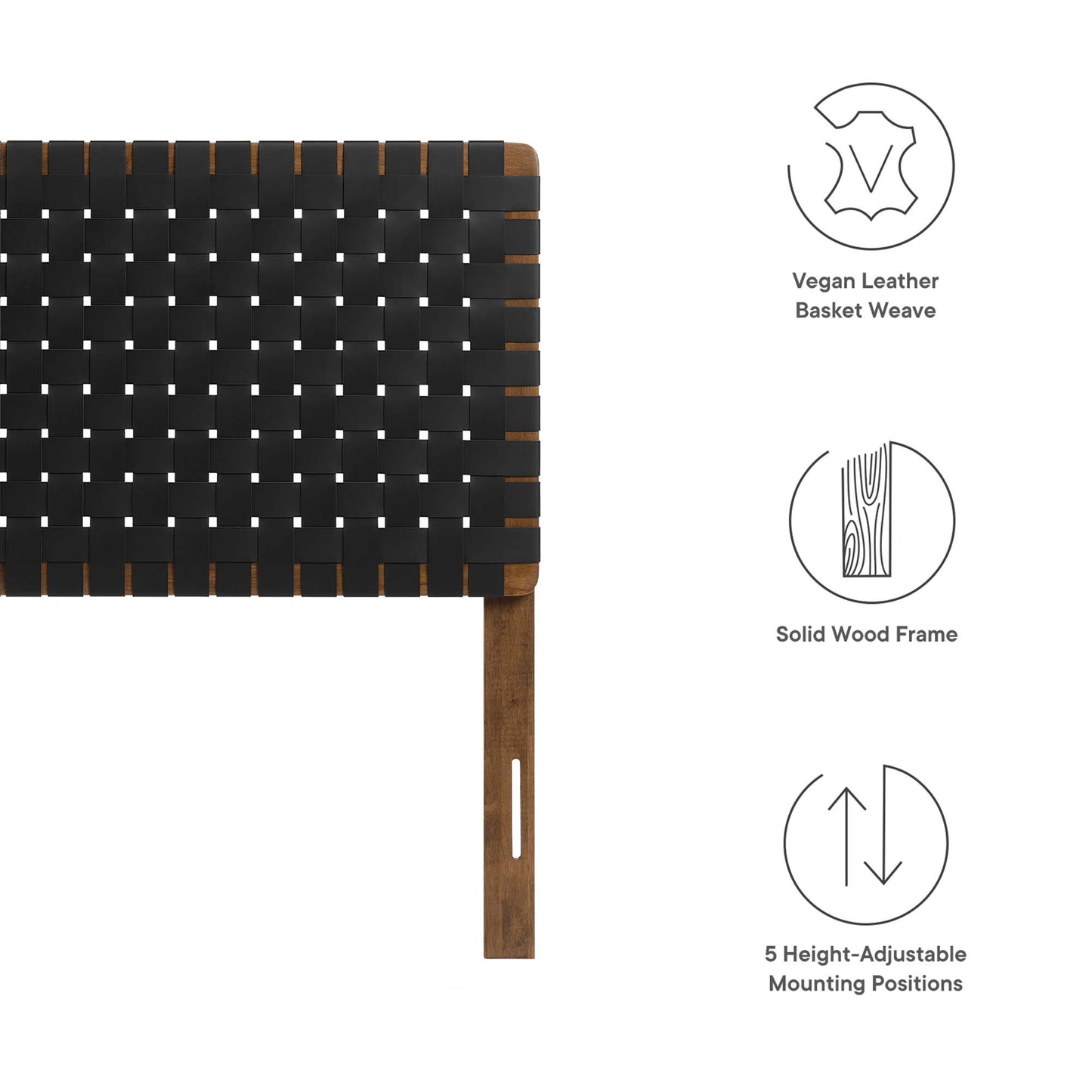 Black vegan leather basket-weave twin headboard on a walnut wood frame; 5 height-adjustable mounting positions.