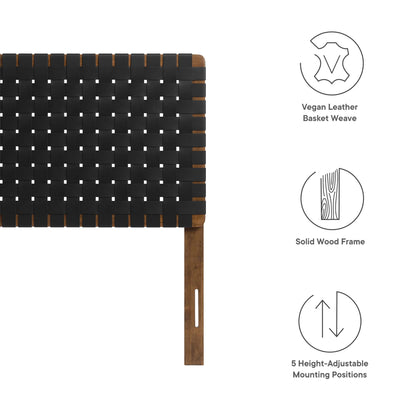 Black vegan leather basket-weave twin headboard on a walnut wood frame; 5 height-adjustable mounting positions.