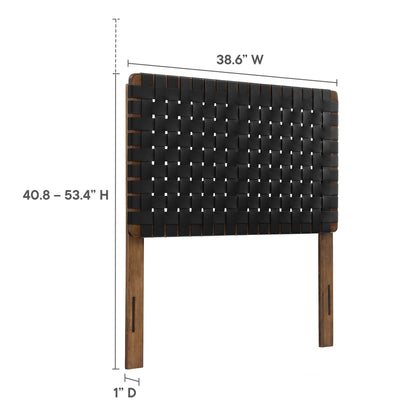 Black vegan leather twin headboard with a woven panel; adjustable height 40.8–53.4 in, 38.6 in W, 1 in D.