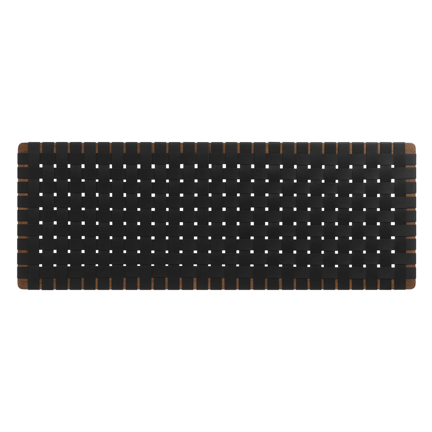 Rectangular black vegan leather wall-mounted queen headboard.