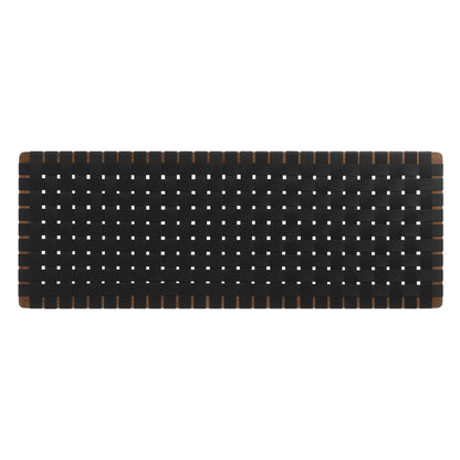 Rectangular black vegan leather wall-mounted queen headboard.