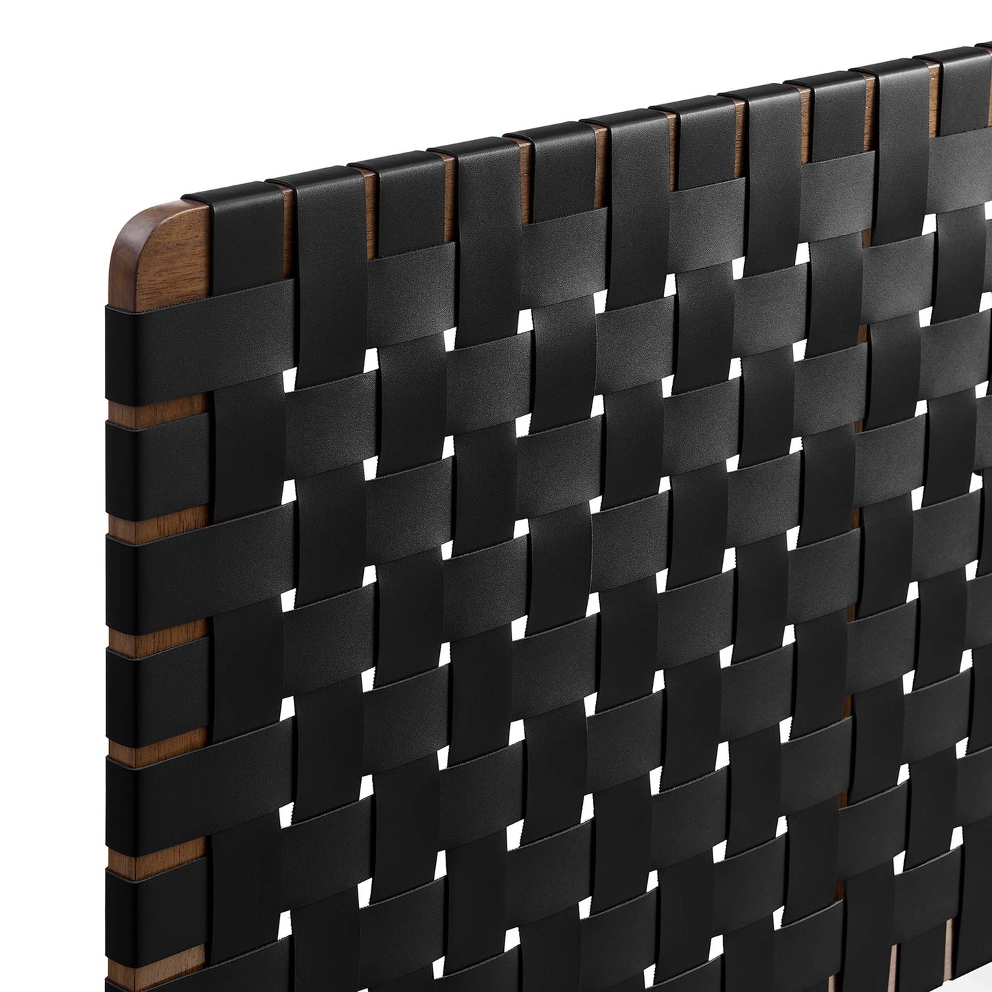 Walnut wood frame with black vegan leather basket-weave panel, wall-mount queen headboard.