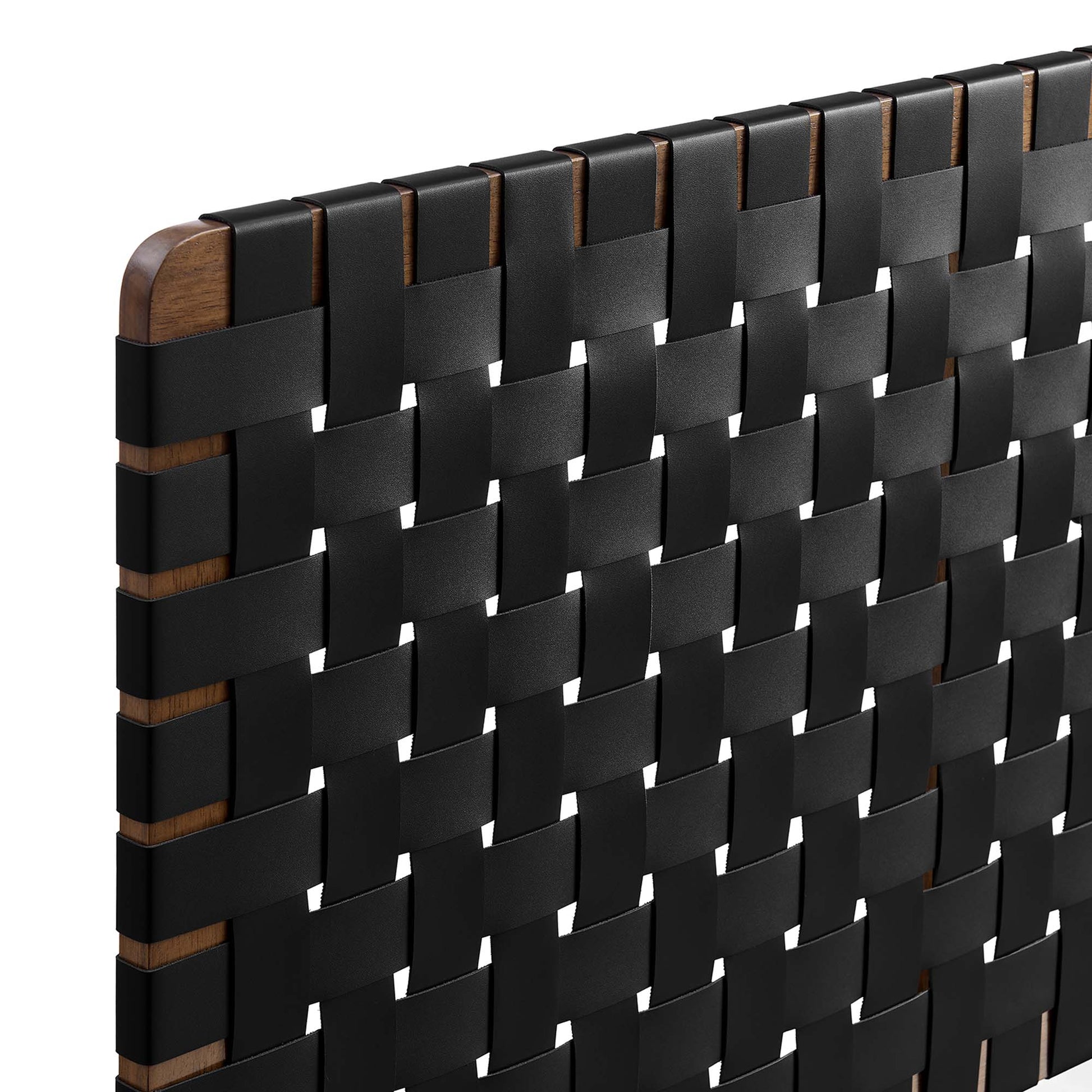 Walnut wood frame with black vegan leather basket-weave panel, wall-mount queen headboard.