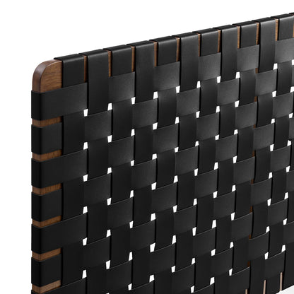 Walnut wood frame with black vegan leather basket-weave panel, wall-mount queen headboard.
