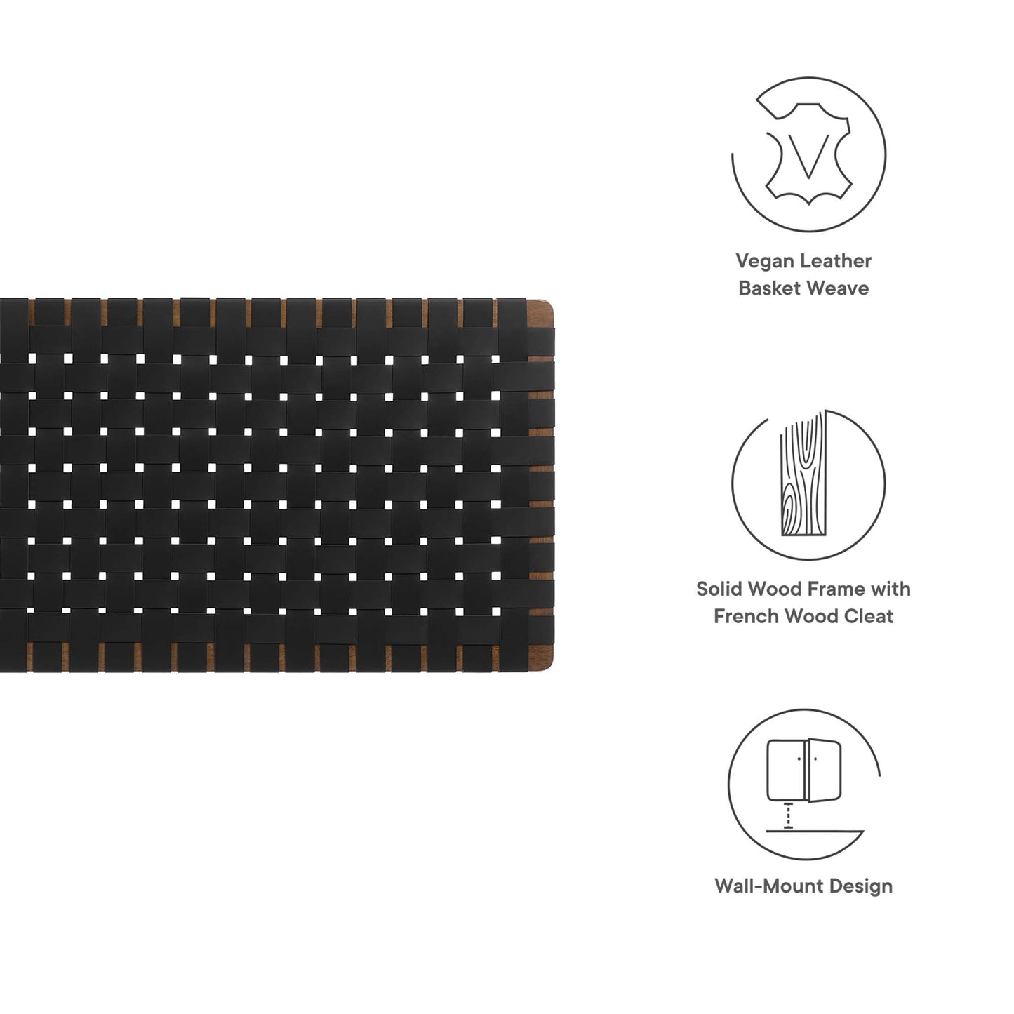 Black vegan leather basket-weave headboard with walnut wood frame; wall-mount design.