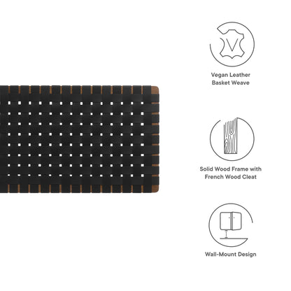 Black vegan leather basket-weave headboard with walnut wood frame; wall-mount design.