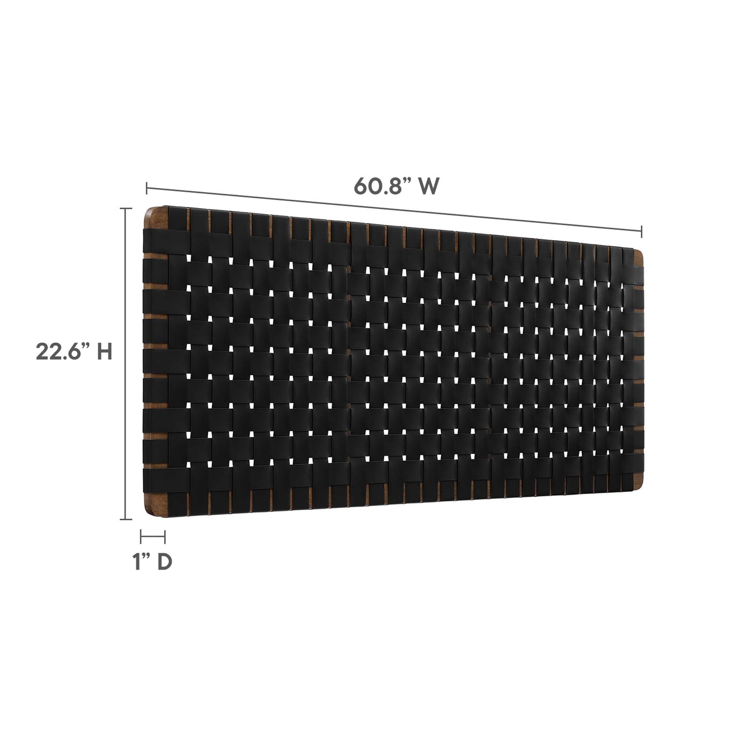 Black woven vegan-leather queen headboard, wall-mounted, 60.8W x 22.6H x 1D.