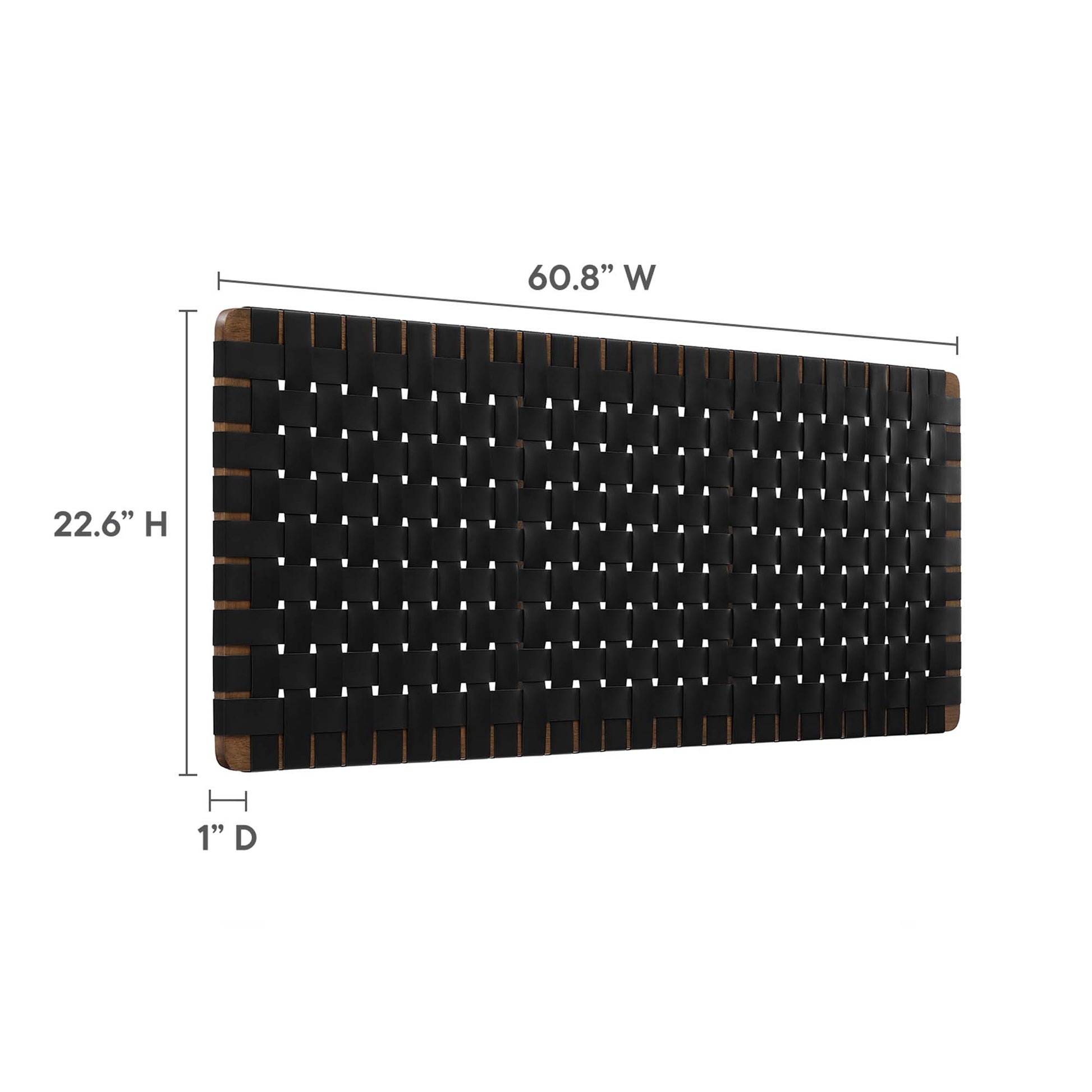 Black woven vegan-leather queen headboard, wall-mounted, 60.8W x 22.6H x 1D.