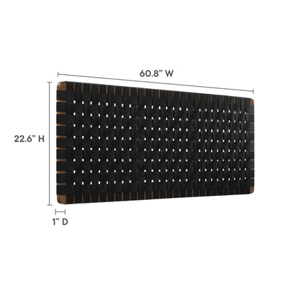 Black woven vegan-leather queen headboard, wall-mounted, 60.8W x 22.6H x 1D.