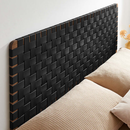 Black vegan leather wall-mount queen headboard with a woven texture; modern bed centerpiece.