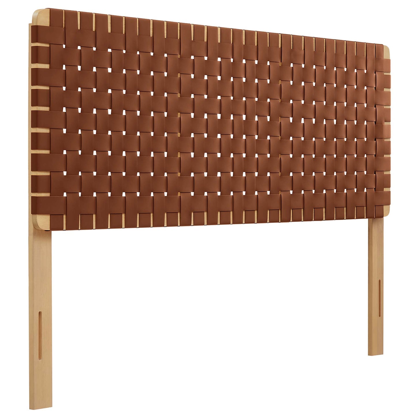 Brown woven leather headboard with natural wood posts, rectangular panel for bed, modern rustic style.