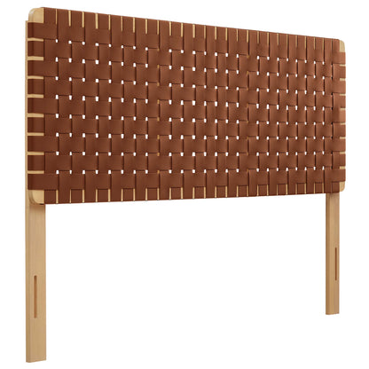Brown woven leather headboard with natural wood posts, rectangular panel for bed, modern rustic style.