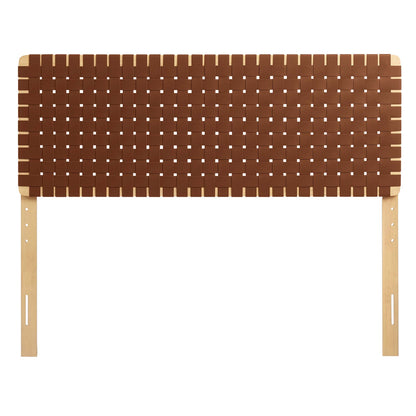 Brown vegan leather queen headboard with a woven texture.