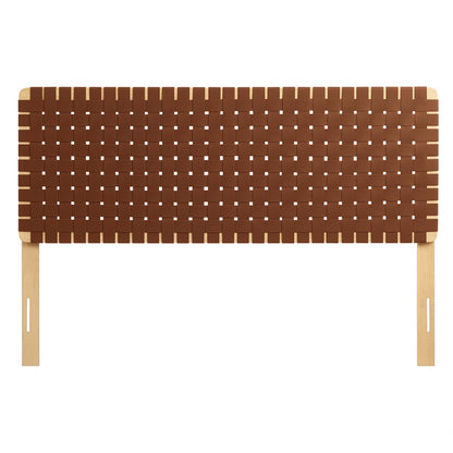 Brown vegan leather woven queen headboard.