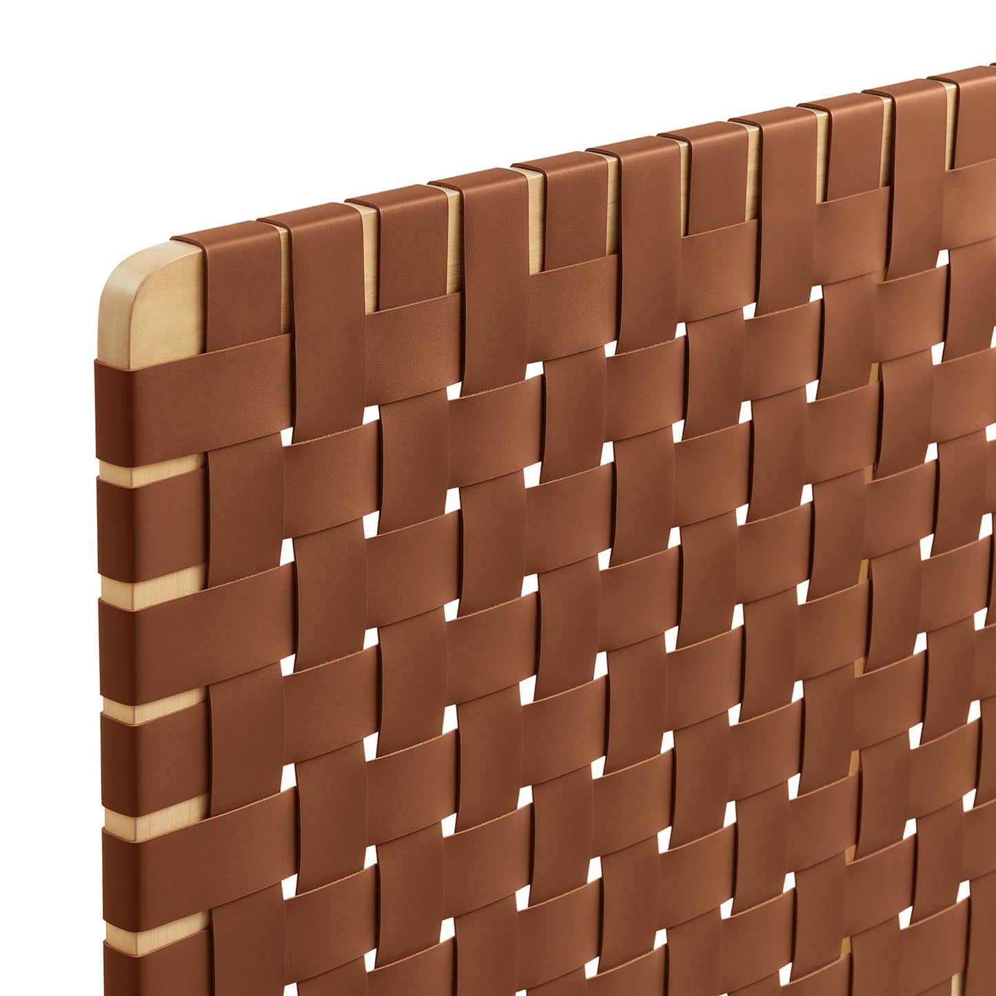 Queen headboard with a natural brown woven vegan leather panel in a basket-weave pattern on a light wood frame.