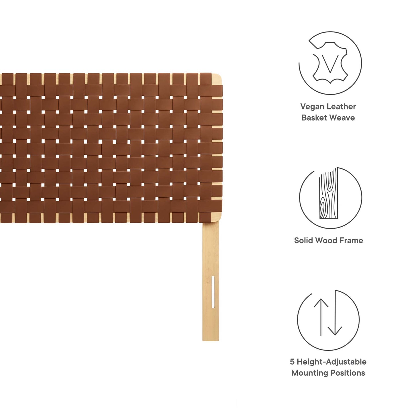 Brown vegan leather basket-weave headboard panel in a light wood frame with a vertical mounting leg; 5 height-adjustable positions