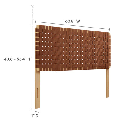 Natural brown vegan leather headboard with light wood legs; 60.8"W, 40.8–53.4"H, 1"D.