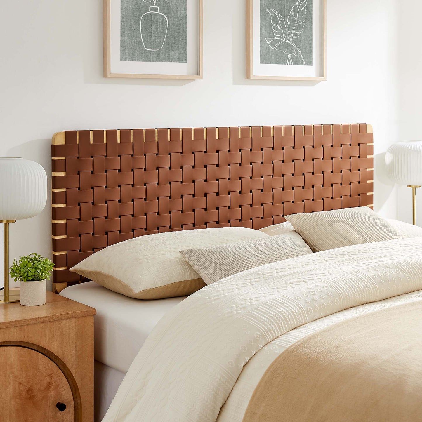Woven brown headboard with tan accents.
