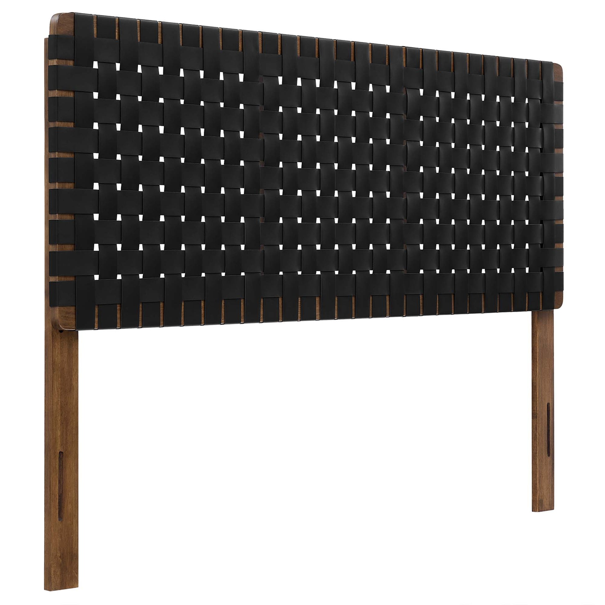 Black vegan leather queen headboard with a woven panel in a grid pattern.