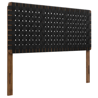 Black vegan leather queen headboard with a woven panel in a grid pattern.