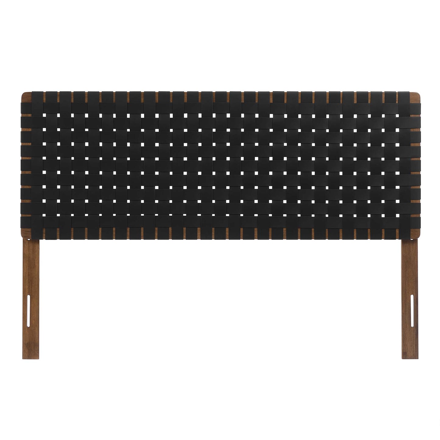 Walnut-finish wood frame with black vegan-leather weave headboard for queen bed.